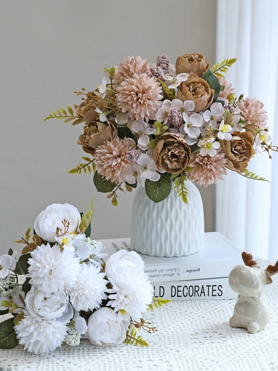 1 bó hoa mẫu đơn nhân tạo thêu lụa, vật liệu làm vòng hoa trang trí đám cưới, phụ kiện bó hoa cô dâu, trang trí xe cưới, cổng hoa, nhà cửa, nhà hàng, bình hoa phòng ngủ, quà tặng sinh nhật, ngày Valentine, quà năm mới. - Nâu sẫm - Xem 1