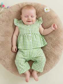 Toddler Baby Girls Spring Summer 2PCS Pants Sets Flying Sleeve Button Up A-Line Plaid Tops Pants Outfits Cute Simple Leisure Daily Clothes Ideal For 12Months-5Years - 綠色 - 查看 3