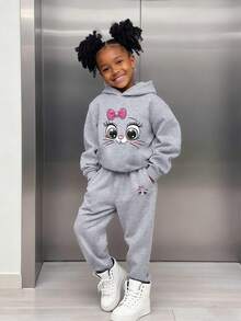 2件套女童蝴蝶结猫咪印花保暖连帽卫衣和休闲运动裤套装，秋冬季 - 灰色 - 查看 1