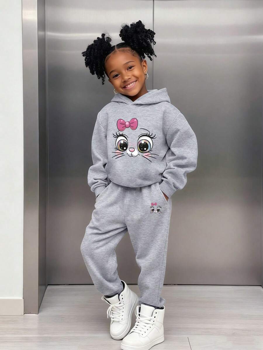 2件套女童蝴蝶结猫咪印花保暖连帽卫衣和休闲运动裤套装，秋冬季 - 灰色 - 查看 1