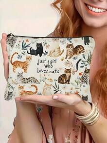 A Double-Sided Adorable Cat-Themed Cosmetic Bag, A Travel Toiletry Bag With A Zippered Inner Pocket, A Coin Purse, And A Student Stationery Organizer. Ideal For Christmas, Halloween, Birthdays, Graduations, Or As A Gift For Women, Friends, Family, Children, Or Students. Also Suitable For Organizing Travel Essentials, Data Cables, And Cosmetics. Makeup Bag Make Up Bag Makeup Pouch Wash Bag Cruise Essentials Vacation Essentials For Men Women - Beige - View 5