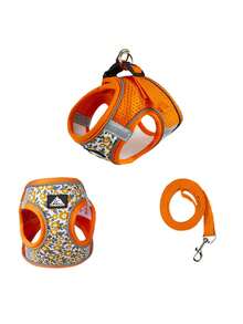 A Set Of Printed Pattern Breathable Mesh Dog Harness And Traction Rope Simple Fashionable And Casual Pet Harness And Traction Rope Set Breathable And Cooler At Night, With Reflective Strips To Improve Visibility And Make It Easier To Be Found To Avoid Traffic Accidents