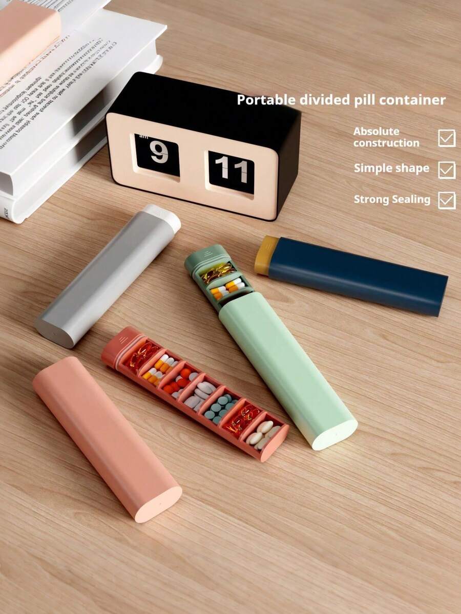 1pc Portable Divided Pill Container - Multi-Compartment Travel Pill Case With Strong Sealing, Compact Durable Pill Organizer, Simple Shape Design, Ideal For Daily/Vacation Medication Storage, Assorted Colors Available For On-The-Go Use - Multicolor - View 1