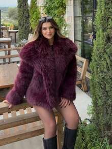 女式勃艮第红毛绒领短款夹克，适合秋冬户外穿着 - 酒紅 - 查看 5