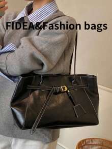 Modna damska torba typu tote w kształcie trapezu, jednokolorowa skóra ekologiczna, styl vintage, metalowa klamra, dojrzała i wysokiej jakości, odpowiednia do podróży, na zakupy, dojazdów do pracy, uniwersalna - Czarne - Zobacz 4