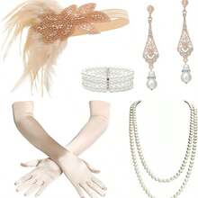 1920 年代轻佻女郎全套！羽毛水钻头饰 + 几何水钻耳环 + 仿珍珠项链 + 白手套，沉浸式复古爵士派对魅力万圣节