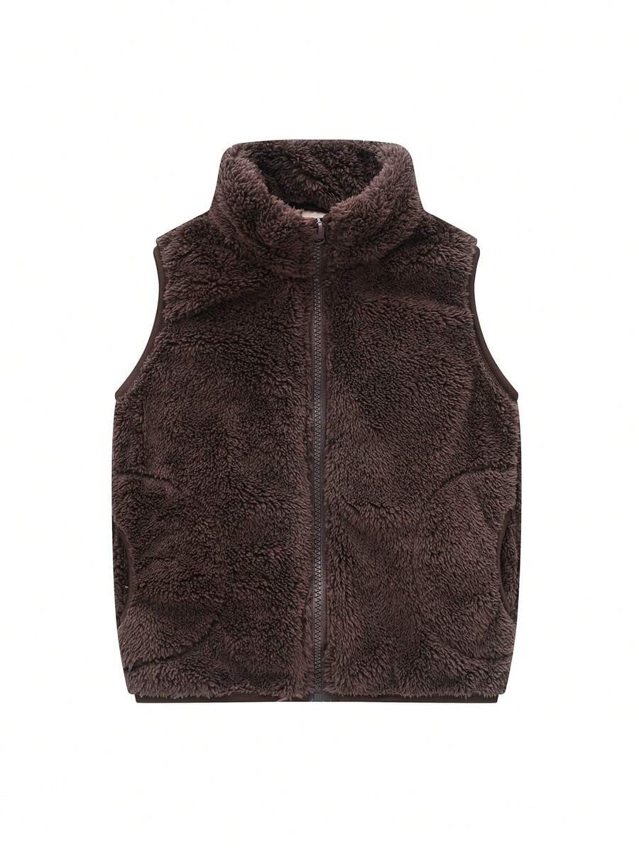 1pc Girls Casual Minimalist Sweet Sports Cute Ladylike Fleece Warm Windproof Sleeveless Half-High Collar Cardigan Jacket, Autumn/Winter - Brown - View 1