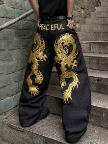 1件复古美式风格男士刺绣阔腿牛仔裤，个性化口袋，宽松休闲牛仔裤（不含腰带和配饰） - 黑色 - 查看 1