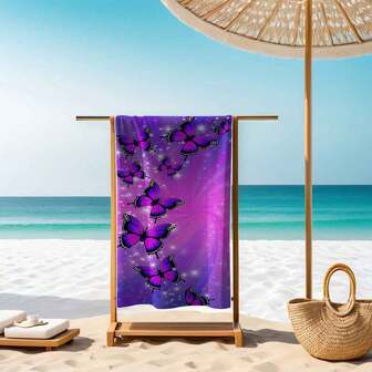 1 st lila fjärilsmönstrad strandhandduk - Superabsorberande badhandduk, lätt mikrofiberfilt, lämplig för yoga, resor, simning, strand, fitness, camping - perfekt för utomhusaktiviteter och resor