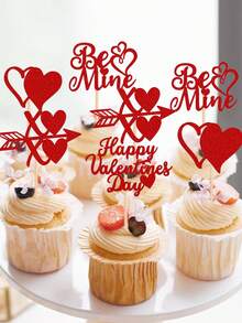 12个情人节纸杯蛋糕装饰插牌，带有闪光心形图案和“XOXO 做我的情人”字样，情人节主题生日派对蛋糕装饰 - 紅色 - 查看 5