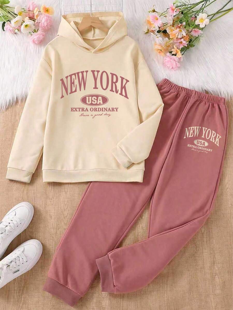 Teen Girl Letter Graphic Hoodie And Elastic Waist Sweatpants Casual Outfit, Autumn/Winter - Apricot - View 1