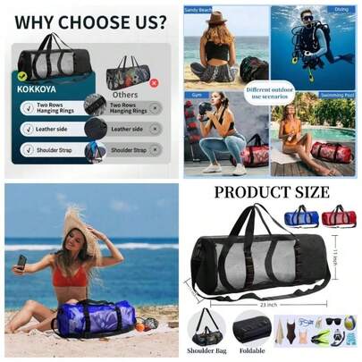 - Bolsa de playa de malla para buceo, buceo, surf, esnrquel, con cierre y correa de hombro ajustable para viajes, fitness, camping, natacin, gimnasio, pelotas de 23x 11 pulgadas