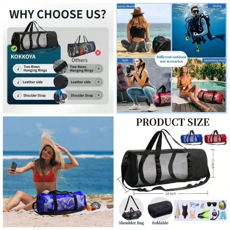 - Bolsa de playa de malla para buceo, buceo, surf, esnrquel, con cierre y correa de hombro ajustable para viajes, fitness, camping, natacin, gimnasio, pelotas de 23x 11 pulgadas - Rojo - - Ver 1