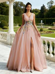 VIPGIRL Váy dạ hội dài bằng vải tuyn cổ chữ V màu hồng đào thanh lịch, váy dạ hội xẻ cao thêu hoa, váy dạ hội công chúa mơ mộng, váy dạ hội và trang trọng cho nữ - Màu Hồng baby - Xem 2