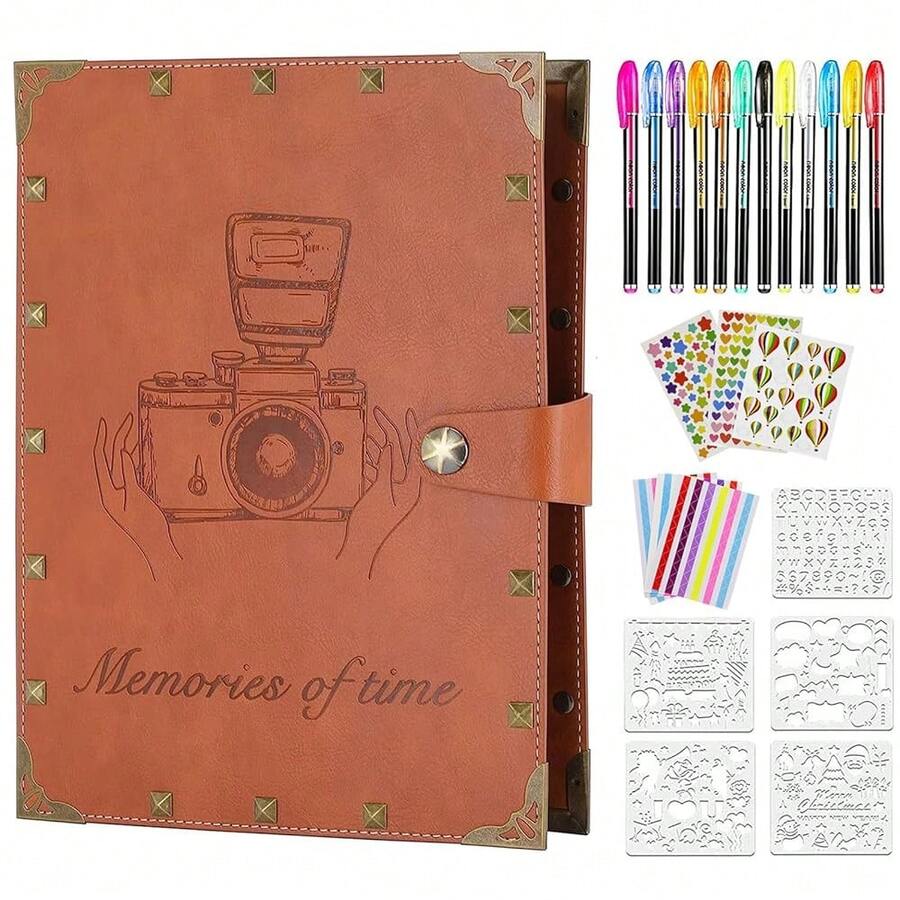 Leather Scrapbook DIY Photo Album 60 Pages Vintage Scrap Book Memory Photo Album 8.5x11 Inch, Family Travelling Scrapbook ScrapbooFKing Kits For Couples Anniversary Birthday Gift,Brown - 棕色 - 查看 1