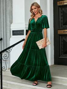 Elegant Ruched Empire Waist Flutter Sleeve Fall Formal Velvet Maxi Dress - 墨綠色 - 查看 4