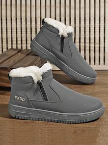 Men's Snow Boots, New Fashionable Warm Fur-Lined Thick Sole Anti-Slip Leather Boots, Side Zipper Design, Outdoor Hiking Classic Mid-Calf Fur Collar Boots, Super Warm And Anti-Slip For Icy Surfaces, Essential Winter Snow Boots For Men - Grey - View 5