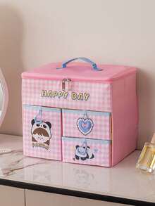 1pc Fabric Cartoon Foldable Drawer Makeup Storage Box, Large Capacity Compartment Organizer, Portable Dust-Proof Jewelry Case