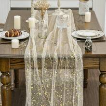 Beige Gold Gauze Table Runner 120 Inch 10FT, Glitter Metallic Foil Sheer Dining Wedding Anniversary Holiday Birthday Table Decor For Home Party,28inchx120inch,BeigeGold - 米金色 - 查看 3