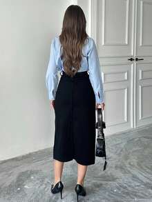 Solid Color High Slit Fitted Elegant Fashionable Skirt - Black - View 4