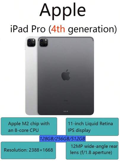 Apple Genuine IPad Pro 128GB/256GB/512GB Versions With 8GB Of Internal Memory; 11-Inch (4th Generation) Refurbished 2022 Model Tablet (WLAN Version/M2 Chip/Supports Pro Pen) (Chinese Version, No ESIM) Silver.
