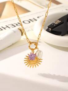 1pc Flower Pearl Sun Pendant Necklace, Personalized Choker Necklace Suitable For Women's Daily Wear - Multicolor - View 8
