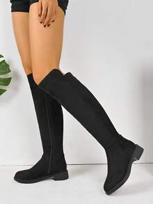 2025 Winter Women's Pointed Toe Suede Side Zipper Knee-High Boots, Versatile Flat Plus Size Over-The-Knee Boots, Thermal Lined Riding Boots - Black Cotton - View 4