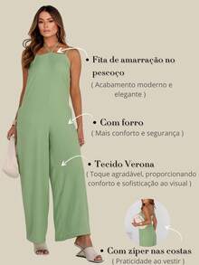 Women's Long Jumpsuit With Elegant Tie Detail - 開心果綠 - 查看 6