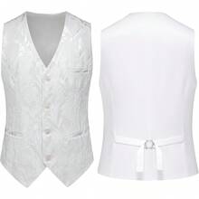 Conjunto de esmoquin de 3 piezas con estampado floral jacquard para hombres, traje de boda y fiesta formal, que incluye chaleco, pantalones y corbata de moño, JDWK - Negro - Ver 10