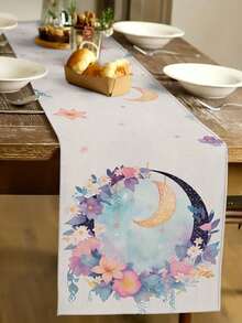1pc Floral & Moon Patterned Table Runner, Home Decor Table Runner, Indoor/Outdoor Party Decoration, Suitable For Home Kitchen Decor & Party Decoration - Multicolor - View 10