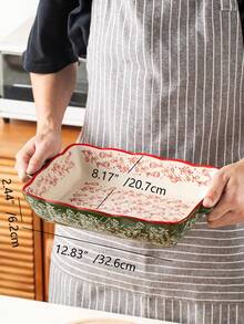 Tavă de copt ceramică dreptunghiulară, pictată manual, cu motive florale vintage, verde, la modă, cu mânere, potrivită pentru salată, paste, grătar, pui la cuptor, coacere deserturi și pizza, cuptor și microunde, ideală pentru restaurant și uz zilnic acasă.