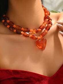 Elegant Vintage Quality Sexy Heart-Shaped Glass Inlaid Pendant With Golden Floral Pattern, Oval Resin With Asymmetrical CCB Metal Beads, Available In Bohemian, Dopamine, Brown Amber, Orange, Purple, Red Large Heart Pendant Necklaces, Asymmetrical Floral Resin Beaded Large Pendant Necklaces, High-End Women Jewelry Necklaces - Multicolor - View 9