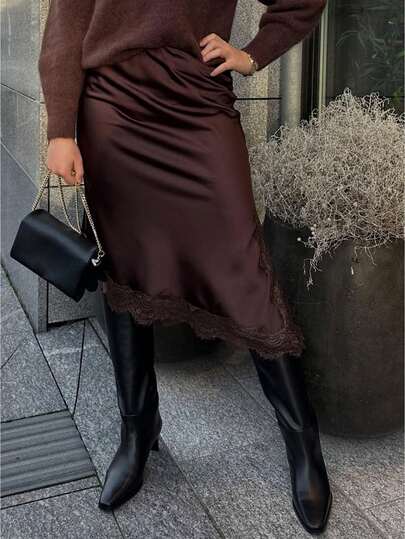 Women Lace Trim Satin Silk Skirt Elastic Waist Lace Patchwork Irregular Hem Side Slit Casual Going Out Skirts