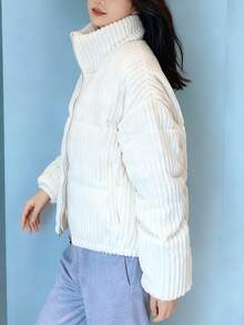 Chaqueta de algodón de pana chaqueta de algodón corta femenina versión coreana de pan suelto Novedad de invierno: chaqueta de algodón de pana para mujer, estilo coreano, corte holgado, largo corto, tallas grandes, chaqueta ligera para estudiantes, cálida y cómoda, informal, cuello alto, prenda exterior de algodón de pana. - Blanco - Ver 6