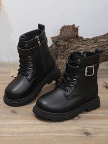 1 Pair Black Classic Boots For Teenagers & Kids, Soft Leather Patchwork Material, Front Lace-Up & Side Zipper Design, Round Toe Thick Sole, Fashionable & Stylish, Suitable For 3-12 Years Old Boys & Girls Daily, Casual, Party, Holiday Wear, Autumn/Winter - 黑色 - 查看 2