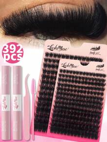 1/2Boxes 196pcs/392pcs Fluffy 150D Strands, 0.07mm Thick Mink Fur Lashes, 0.39–0.71inch Mixed Lengths, 5D Russian Volume Eyelash Extensions, Includes Eyelash Glue, Tweezers, Dramatic Cat Eye Cluster Lashes For Halloween, Christmas, Holiday Makeup - 黑色 - 查看 9