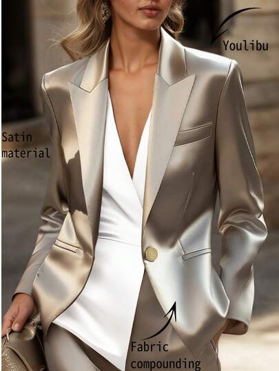 Blazer ajustado de talla grande para mujer, de unicolor, con solapa de satén y abotonadura sencilla, adecuado para el trabajo, primavera/otoño