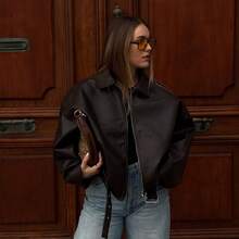 新款复古飞行员皮夹克，纯色休闲拉链口袋夹克，皮夹克，常规版型，女士冬季夹克 - 咖啡棕 - 查看 4