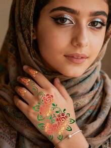 2 Sheets, Small Fresh Flower Hand Drawn Tattoo Hollow Template, Self-Adhesive And Reusable For Body Painting - Black - View 3