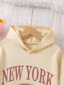 Teen Girl Letter Graphic Hoodie And Elastic Waist Sweatpants Casual Outfit, Autumn/Winter - Apricot - View 3