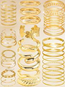 25/20/15/10/3pcs Set Chunky, Elegant Multi-Layer Geometric Knot, Flower, Chain, Beaded, Twisted, Heart, Textured, Minimalist, Wavy, CCB Metal Bangle Bracelet Set, Fashion, Elegant, Vintage, Gift For Holiday, Party, Daily Wear - Yellow Gold - View 1