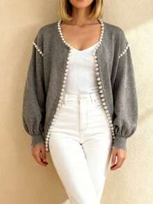 Cárdigan de unicolor, con dobladillo desgastado y adorno de perlas, de manga larga, suéter elegante de punto - Gris - Ver 3