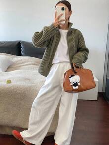 Livesso Drop Shoulder Zipper Front Cardigan,Three Quarter Sleeve Tops Jacket - Green - View 2