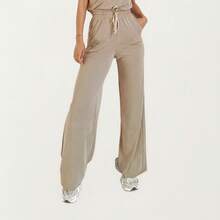 Women's 2-Piece Set Short Sleeve Relaxed Fit Top And Wide Leg Pants With Soft Stretch Fabric And Drawstring Waist - 卡其色 - 查看 5