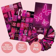 50 pièces Ensemble de décoration murale photo esthétique rose néon, impressions d'art mural de rêve violet | Affiches de décoration de chambre girly | Kit de collage mural de chambre d'étudiant | Peut être utilisé comme cartes postales/autocollants/décoration de chambre - Violet - Voir 6