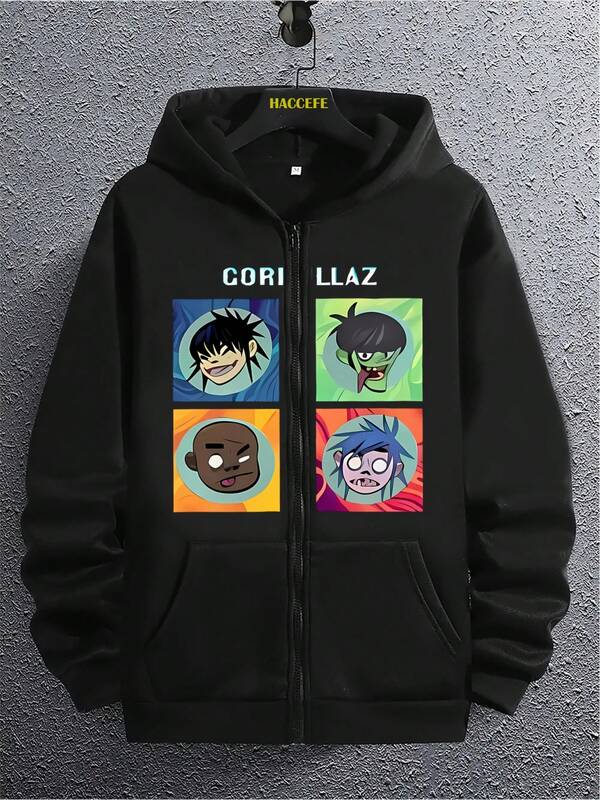 Chaqueta de manga larga para hombres con cremallera, estilo callejero y divertido de dibujos animados - Impresión del personaje, ligera y transpirable, con capucha casual para un estilo fácil. Hecho de tela de mezcla de poliéster de alta calidad, adecuada para usar en primavera y verano. Disponible en un