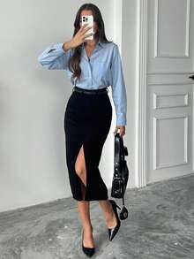 Solid Color High Slit Fitted Elegant Fashionable Skirt - Black - View 2