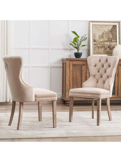 Dining Stoel (Kitchen Chair, Living Room Original Knocker On The Back, Set Of 2), Upholstered Nailhead Solid Wood Legs, Fluwelen Upholstery, Beige view 2