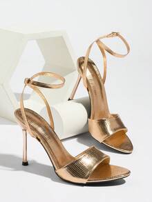 Women's High Heels, Suitable For Spring, Summer, Night Parties, Travel, Shopping, Gatherings, Runway, Commuting, Dances, Dates, Fashion Elegant Occasions. Adjustable Ankle Strap, Pointed Toe, Thin High Heel, Solid Color, Snake Skin Texture, Mirror Finish, Comfortable Material, Matching Autumn Dresses, Skirts, Formal Wear. Sexy, Avant-Garde, Elegant, Luxurious, Fresh, Steady, High-End, Flattering, Champagne Color High Heel Sandals - Champagne - View 6