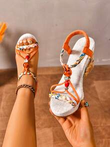 Beige Summer Vacation Style Straw Woven Bottom Wedge Sandals, Women's Beaded Beach Party Holiday Retro Buckle Design High Heel Platform Espadrille Shoes - Orange - View 6
